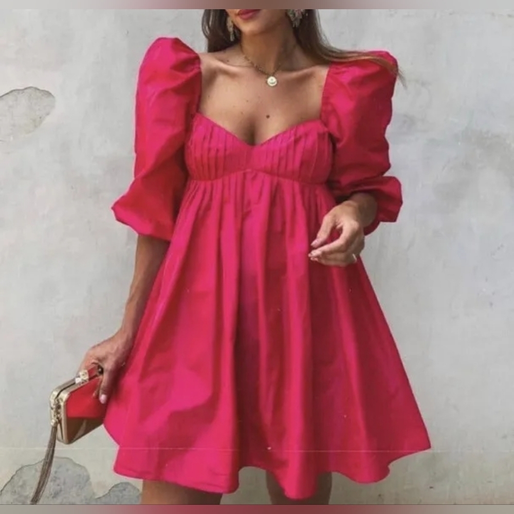 Zara Taffeta Puffed Sleeve Mini Dress Hot Pink Size M - Picture 1 of 7